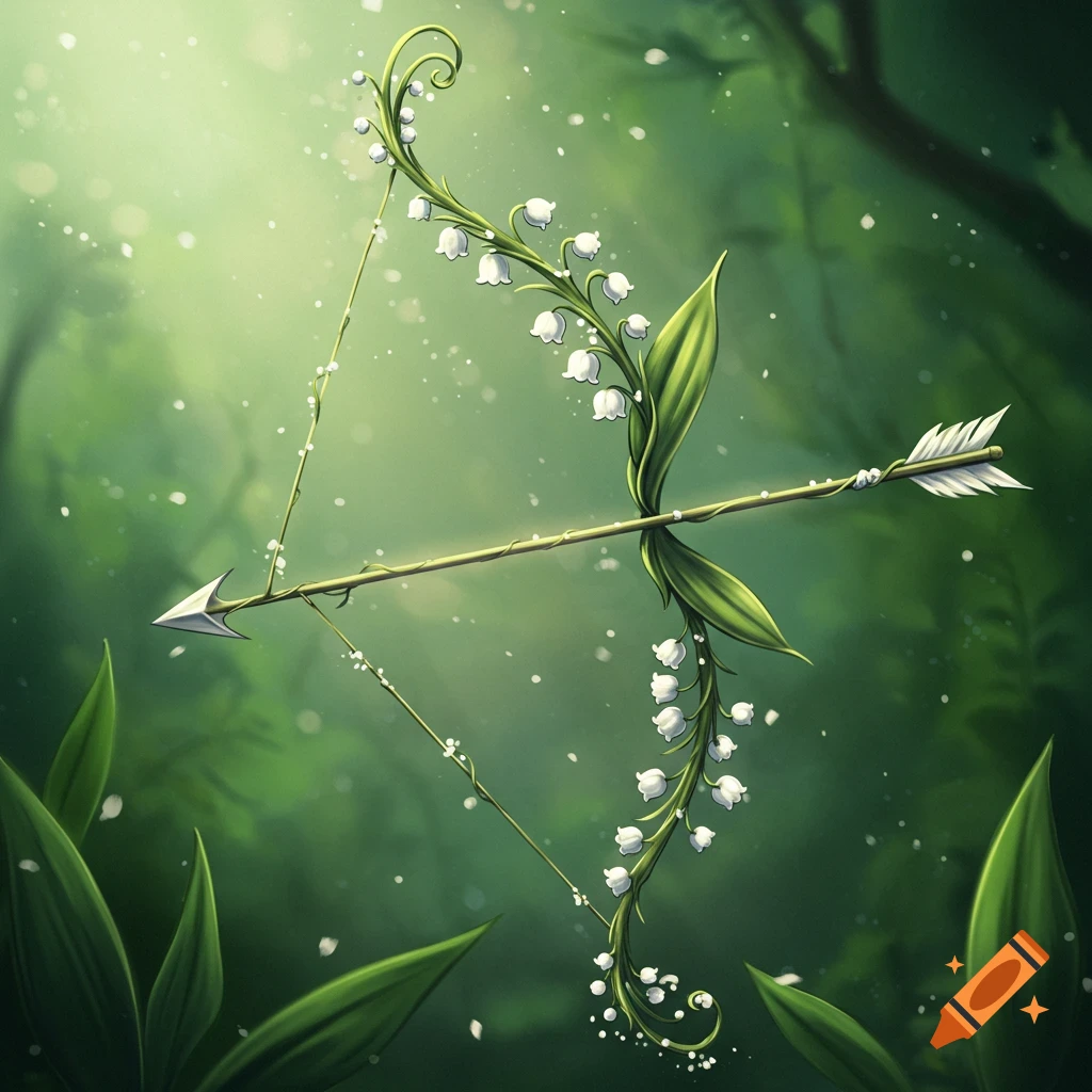 Fantasy bow and arrow made of lily of the valley flowers and vines in a blurry forest.