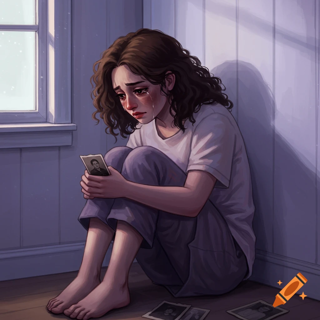 Illustration of a person crying while holding a photo, sitting on the floor next to other photos.