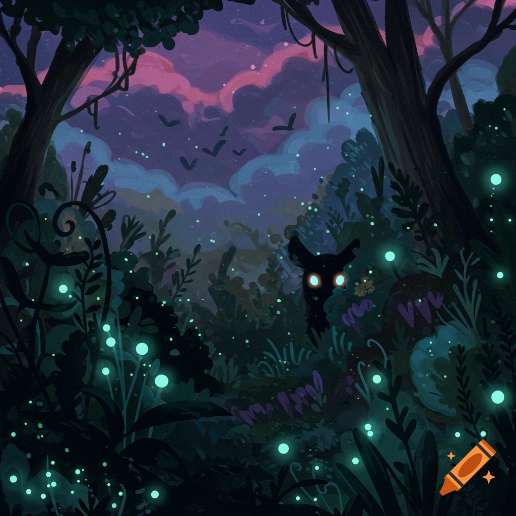 A creature with glowing eyes peers from a dark forest filled with glowing plants under a colorful night sky.
