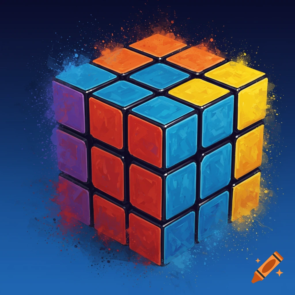 A colorful Rubik's Cube with paint splatter effect on a blue background.