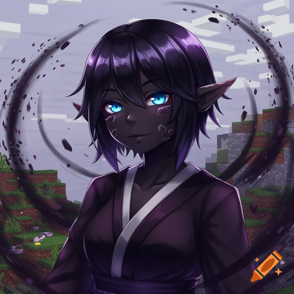 Anime-style character with dark skin, blue eyes, and pointed ears wearing a kimono against a pixelated Minecraft background with a dark particle vortex.