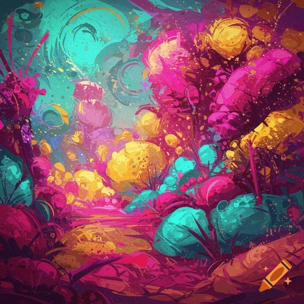 Abstract image of vibrant, swirling colors and organic shapes in turquoise, fuchsia, and gold.