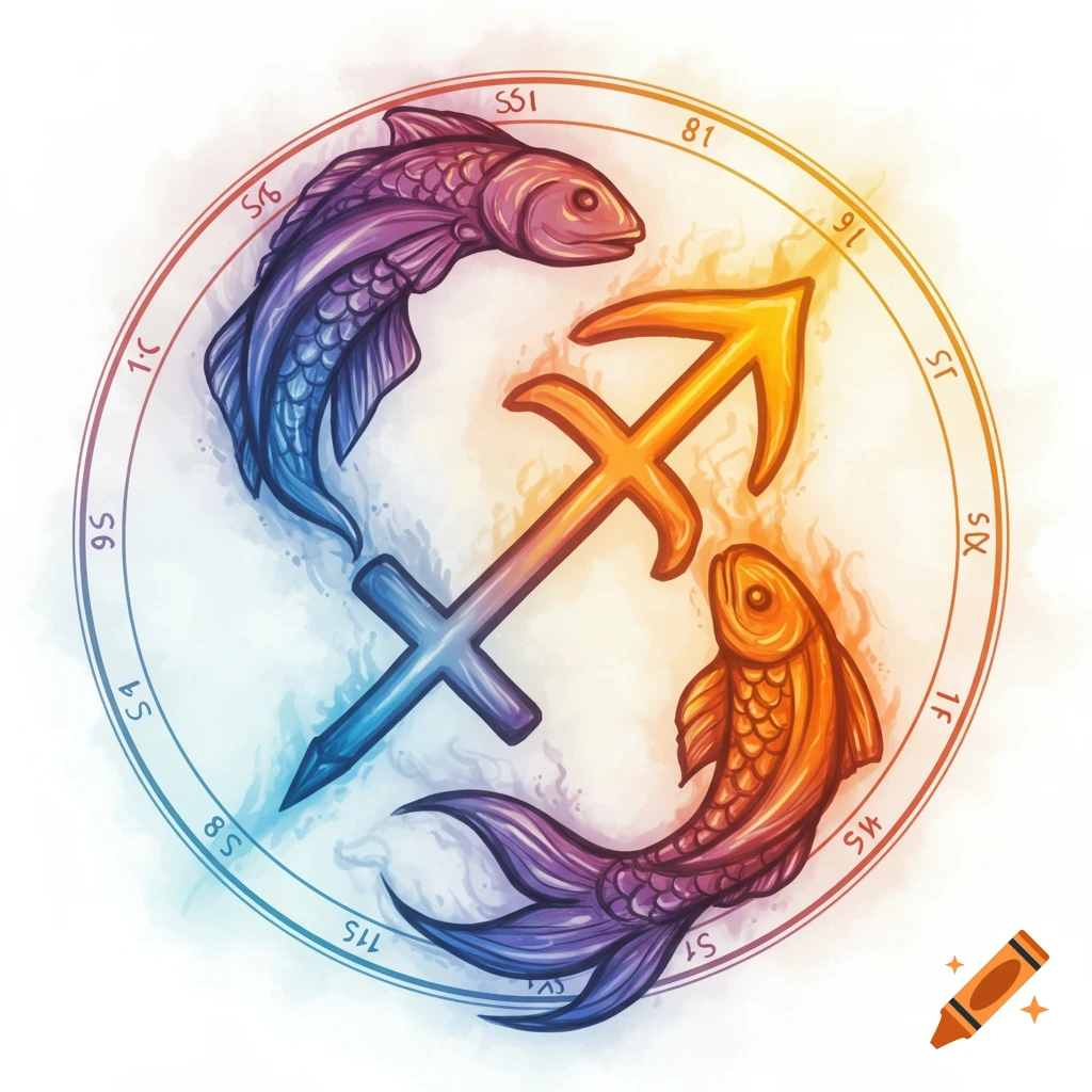 Watercolor illustration of the Pisces fish and Sagittarius arrow zodiac symbols intertwined in a circle with numbers