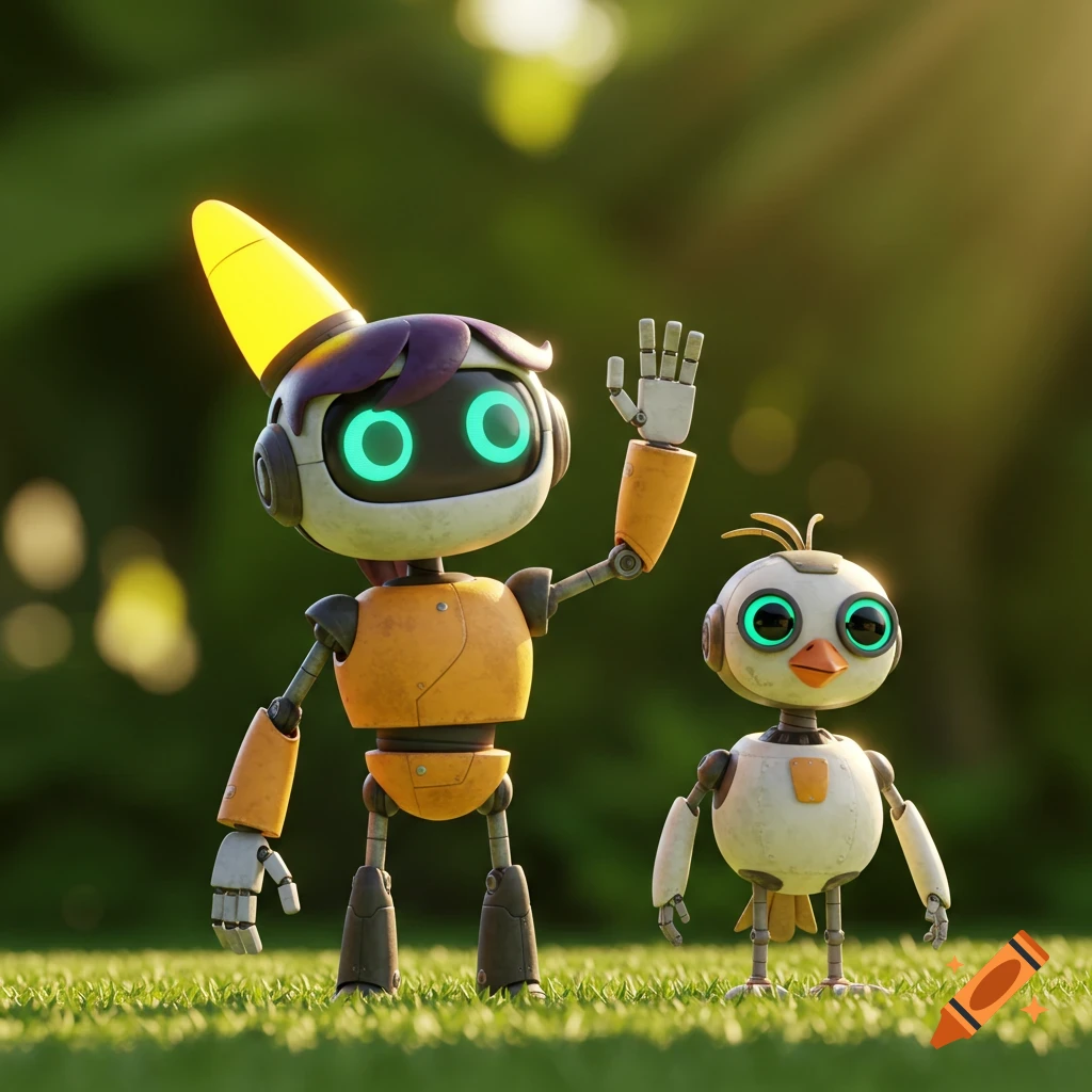Two stylized robots, Roz and Fink from The Wild Robot, stand on grass, one waving.