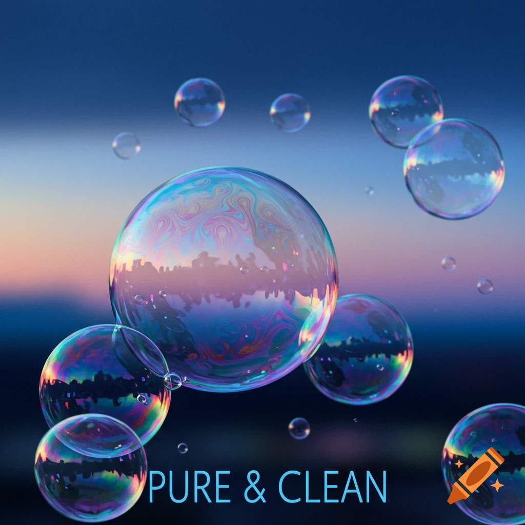 Iridescent soap bubbles floating against a sunset sky