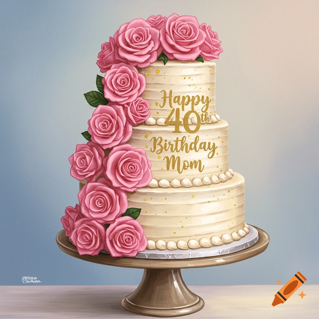 A tiered birthday cake with pink roses and 'Happy 40th Birthday Mom' text.