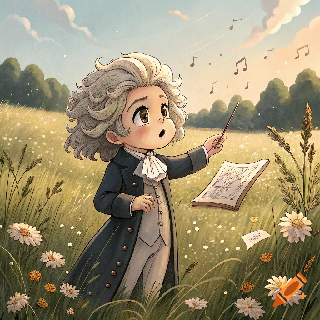 An anime-style child conductor stands in a field of wildflowers, holding a baton, with musical notes floating in the air.