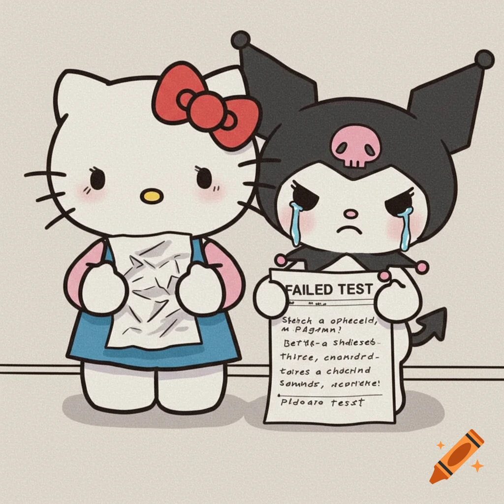 Hello Kitty holds crumbled paper while Kuromi holds a paper titled 'FAILED TEST', both looking sad.