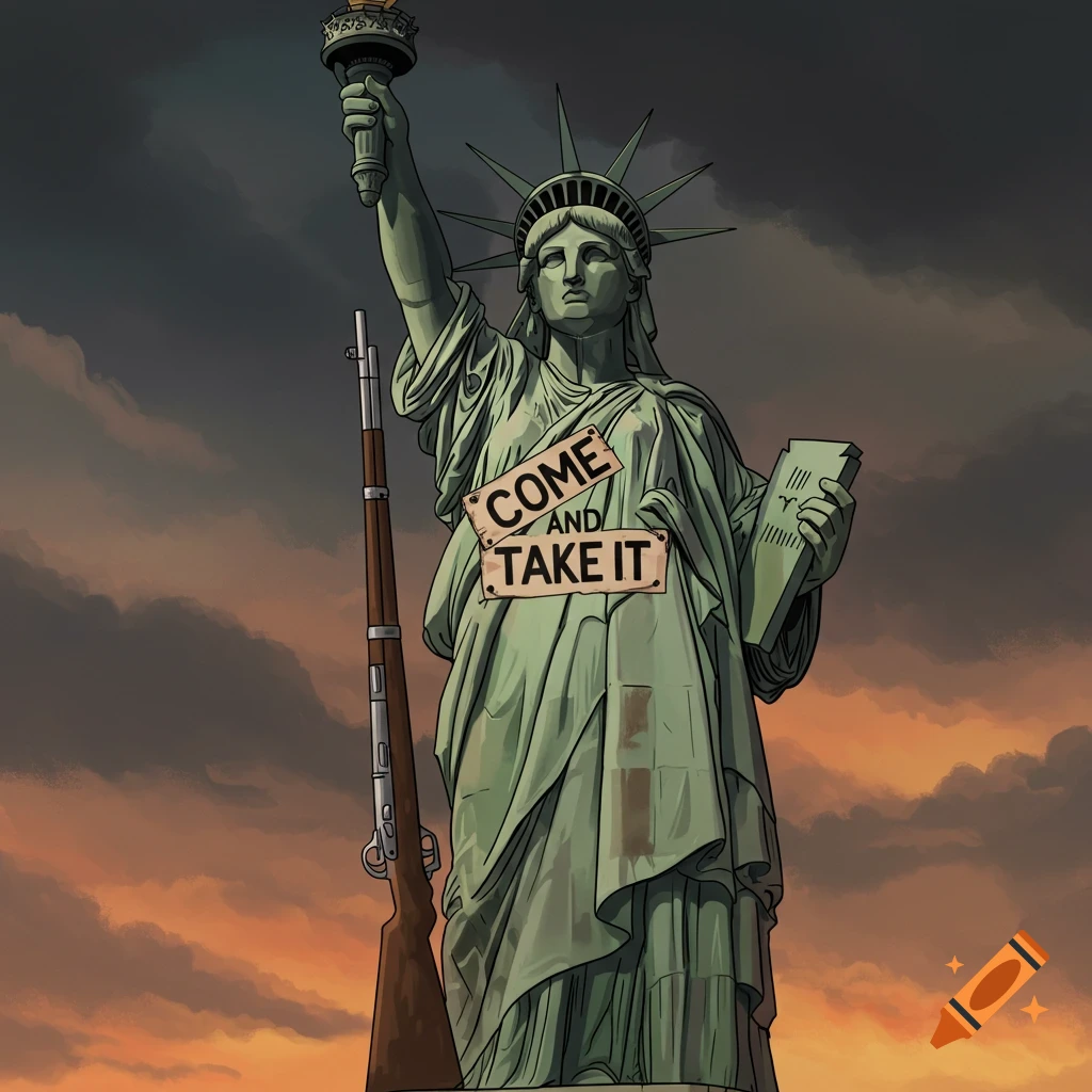 Stylized illustration of the Statue of Liberty holding a rifle and wearing a sign that says 'COME AND TAKE IT' against a cloudy sky.