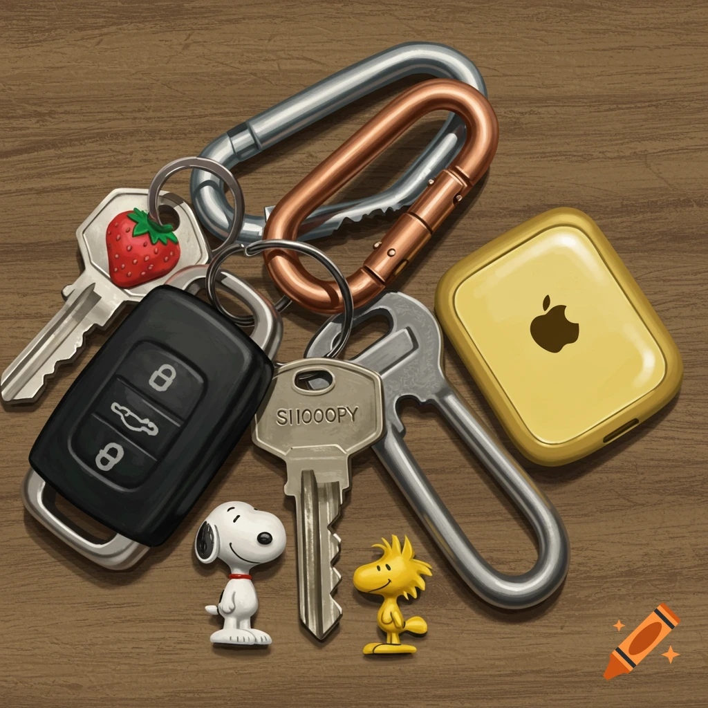 Still life of keys, car fob, carabiners, an Apple device, and Snoopy and Woodstock figurines on a wooden surface.