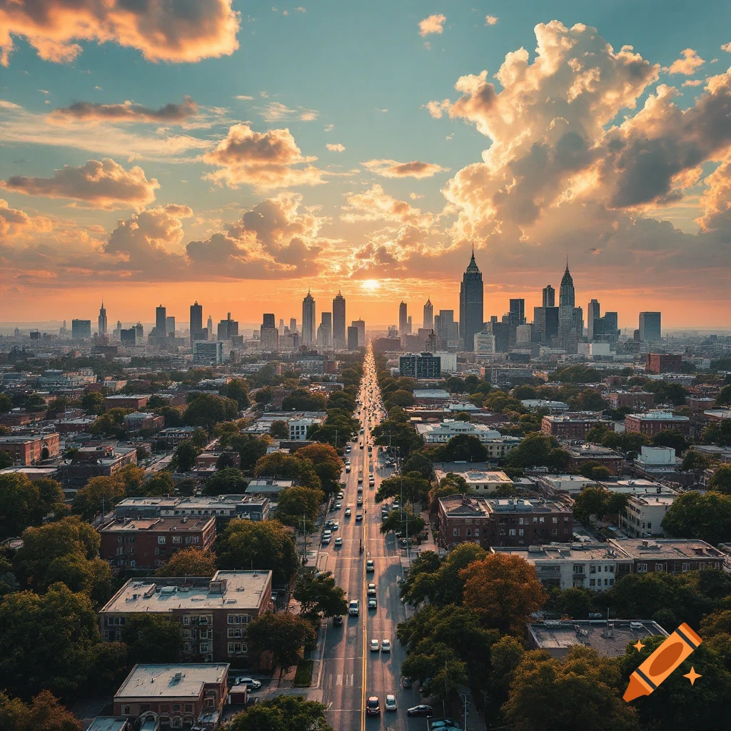 Aerial view of a city skyline at sunset with a street leading towards the downtown area, lined with buildings, trees, and cars.