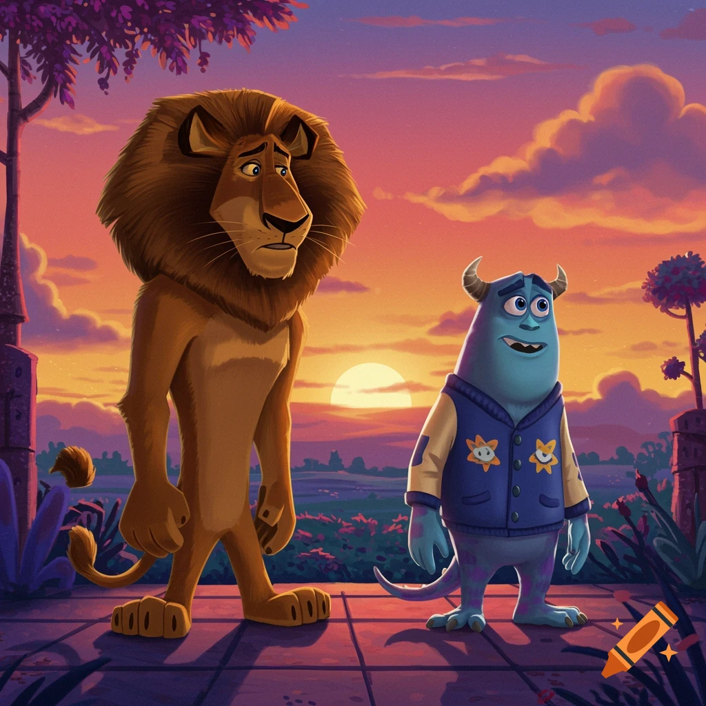 A cartoon lion and blue monster stand together at sunset.