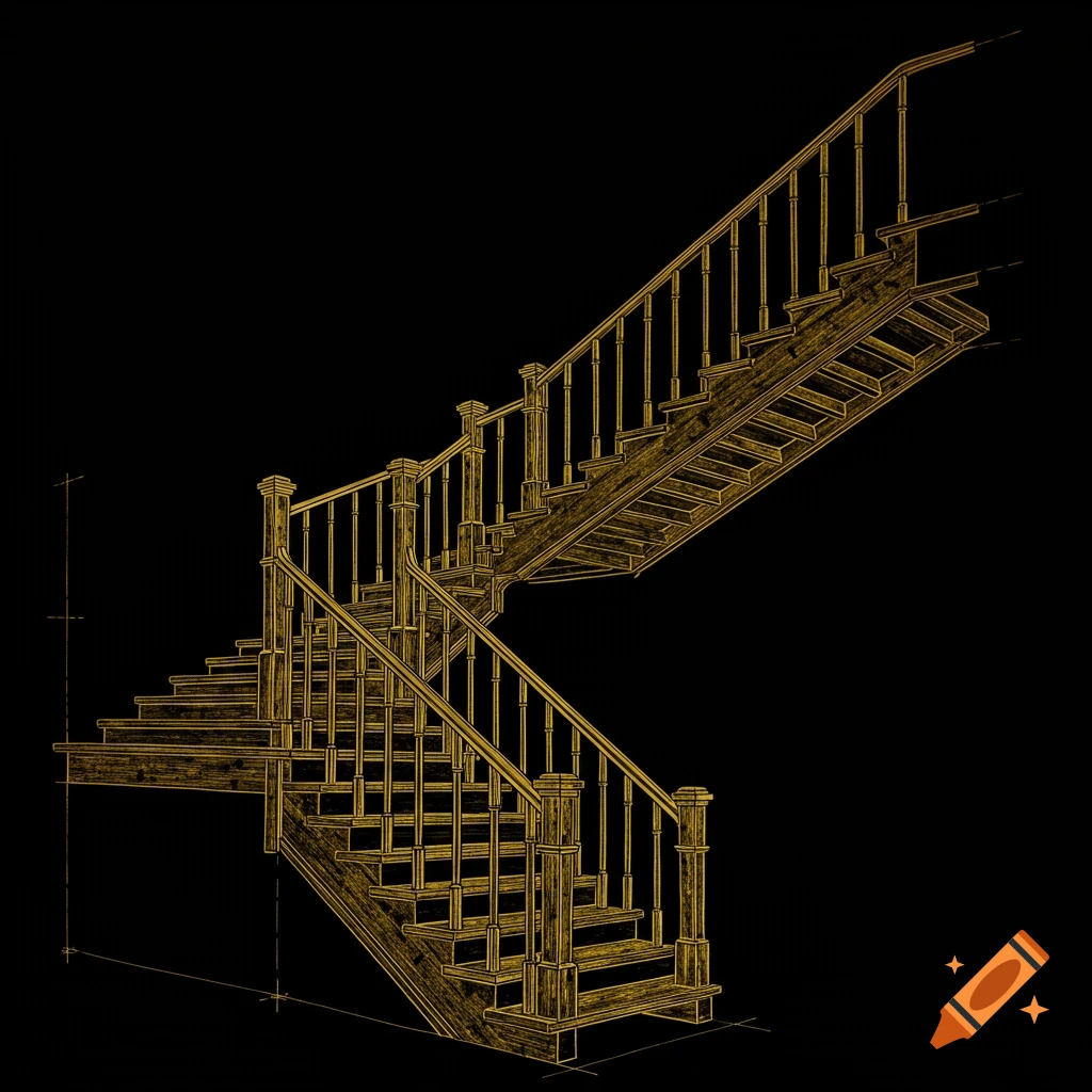 Gold blueprint illustration of a winding staircase on a black background.