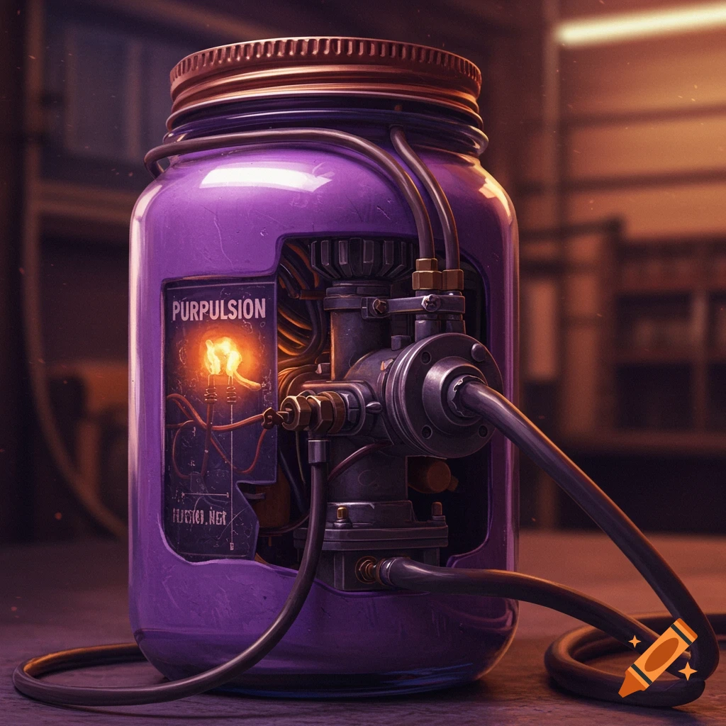 Purple jar with complex internal steampunk machinery and glowing lights.