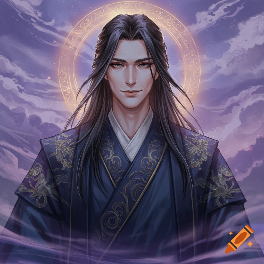A man with long black hair in traditional blue and gold clothing, with a golden halo behind him and clouds in the background.