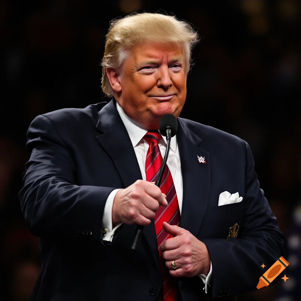 Donald Trump speaks into a microphone while wearing a suit and red tie with a logo on his lapel.