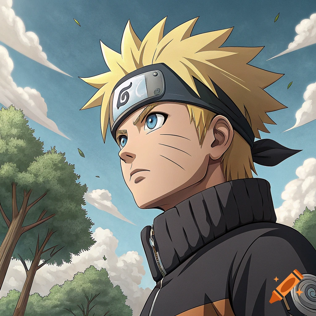 Anime portrait of Naruto looking up against a sky with clouds and trees.