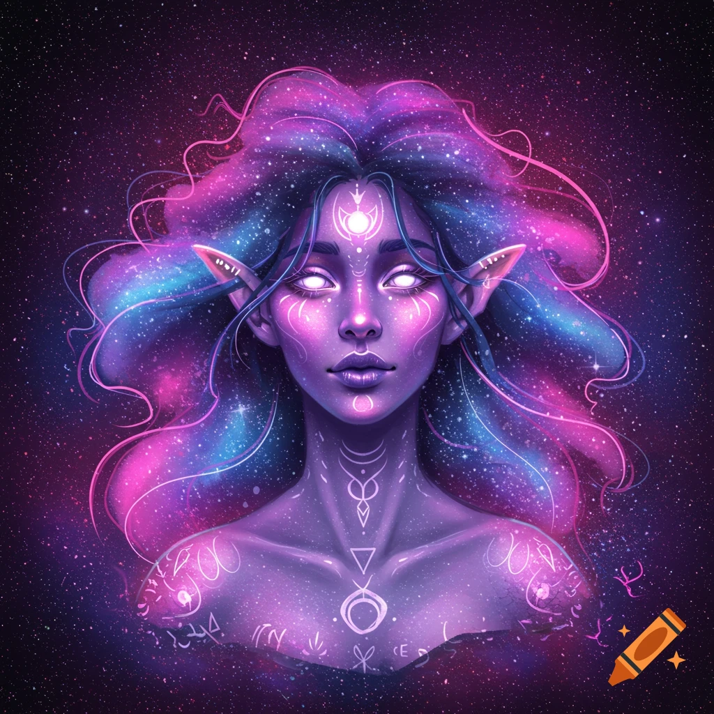 A fantasy character with cosmic hair and glowing eyes against a starry background.