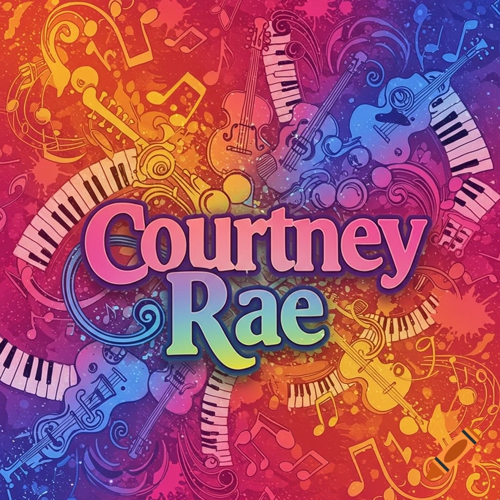 Name Courtney Rae over a colorful background of musical instruments and notes.