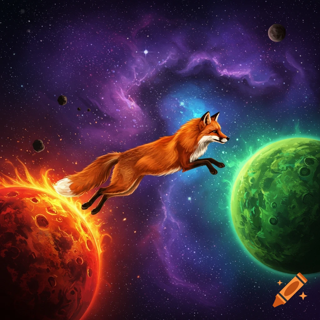 A fox jumping between red and green planets in space.