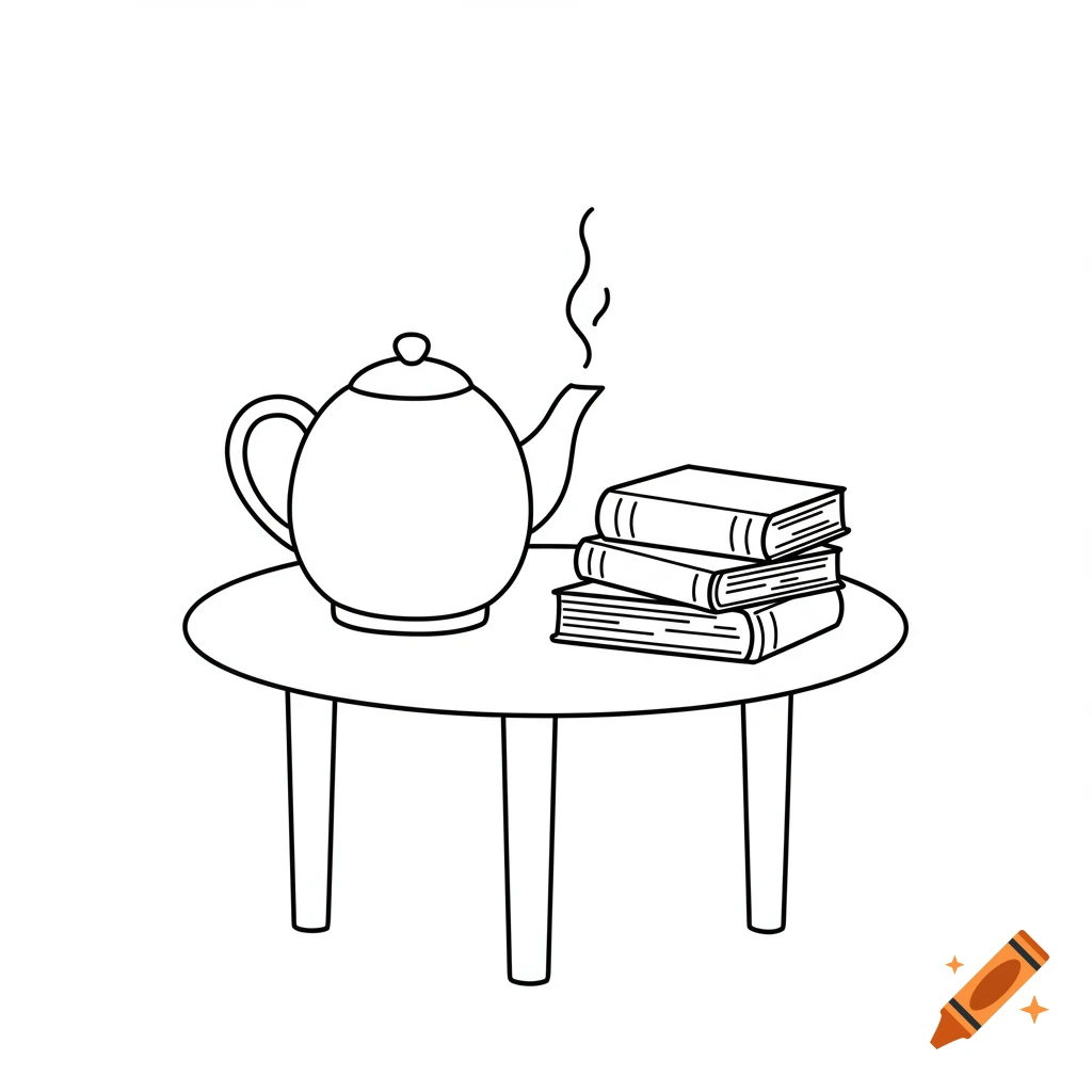 A black and white line drawing shows a teapot with steam and a stack of three books on a small table.