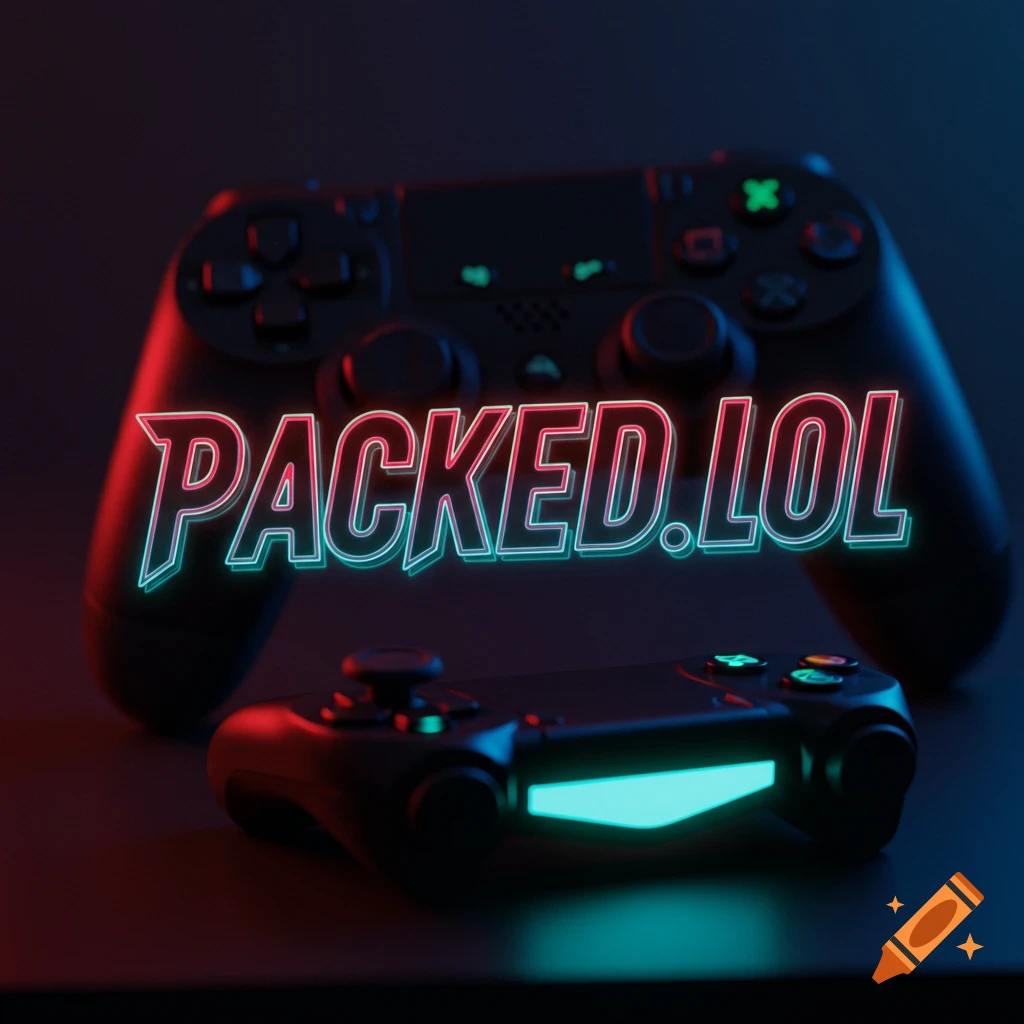 PACKED.LOL text glowing above two video game controllers in the dark, lit by neon red and blue light