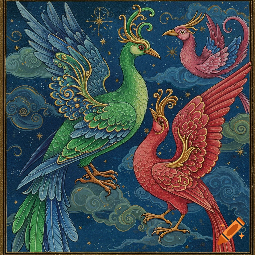 Detailed illustration of three colorful fantasy birds (green, red, pink) flying against a starry sky with clouds.
