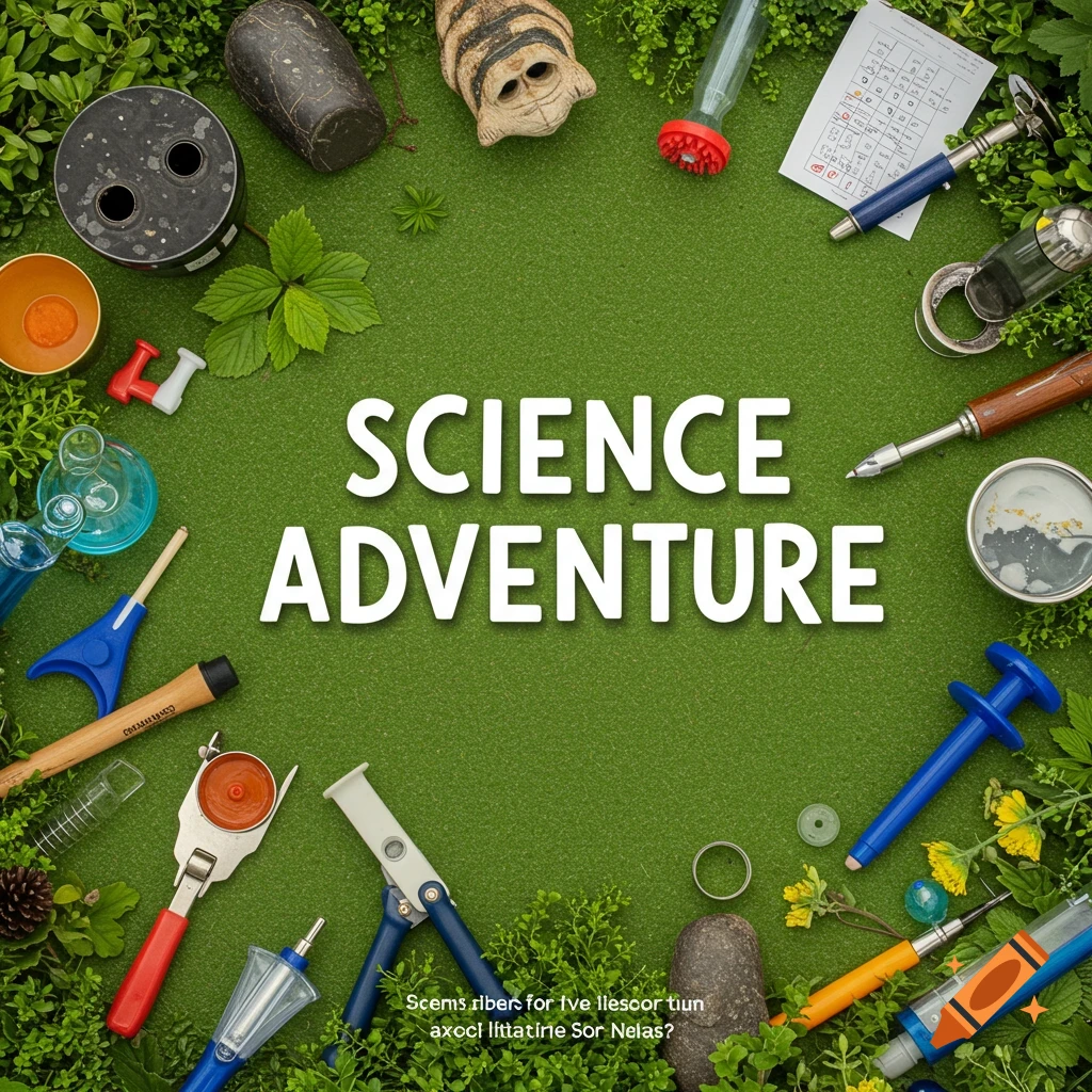 Science tools and foliage surround text on a green background.