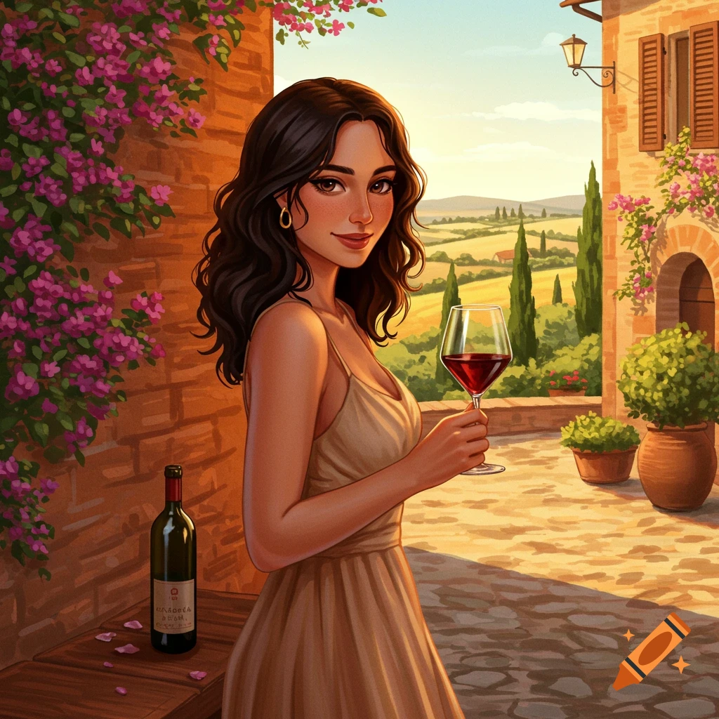 A woman holding a glass of wine on a patio overlooking a Tuscan landscape.