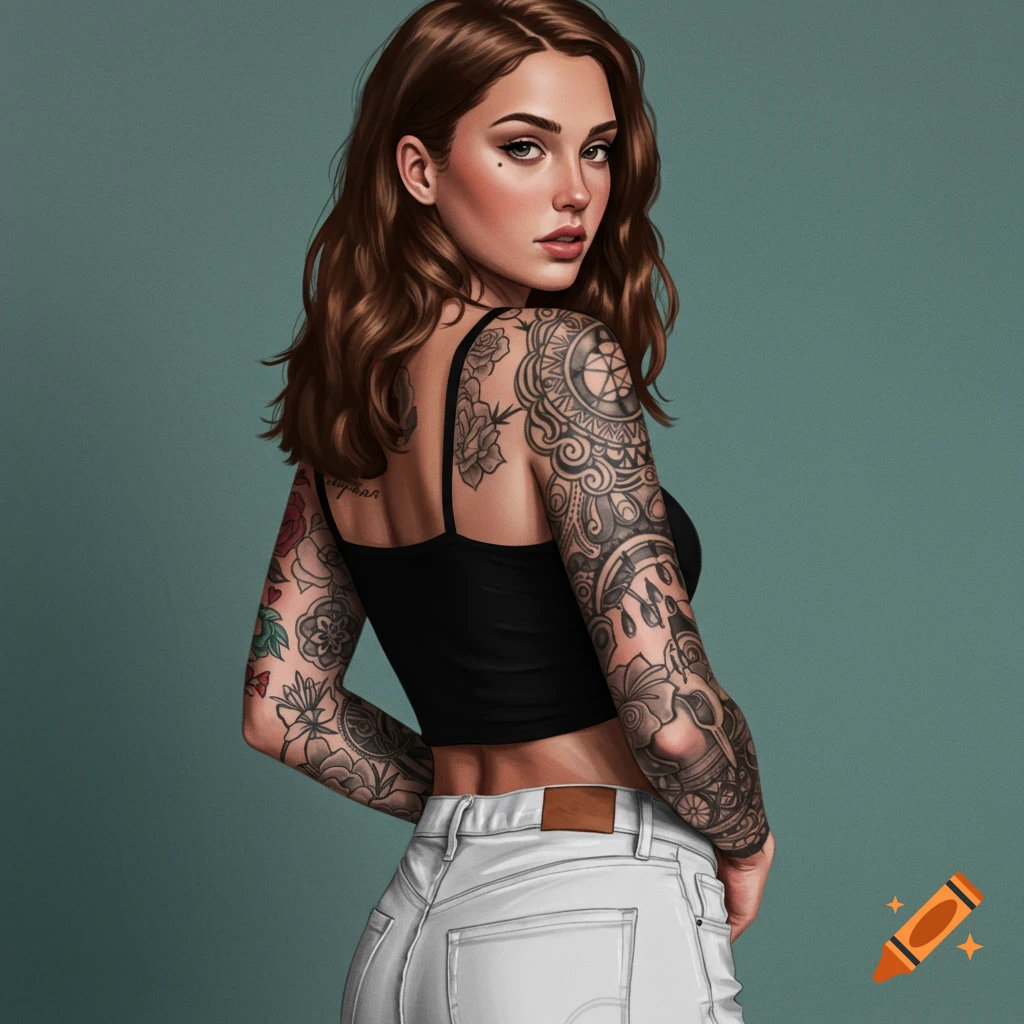 A woman with long brown hair and full arm tattoos, wearing a black crop top and white jeans.
