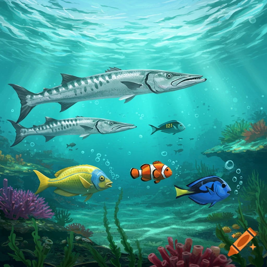 Fish swimming underwater, including barracuda, clownfish, tang, and yellow fish, near coral.