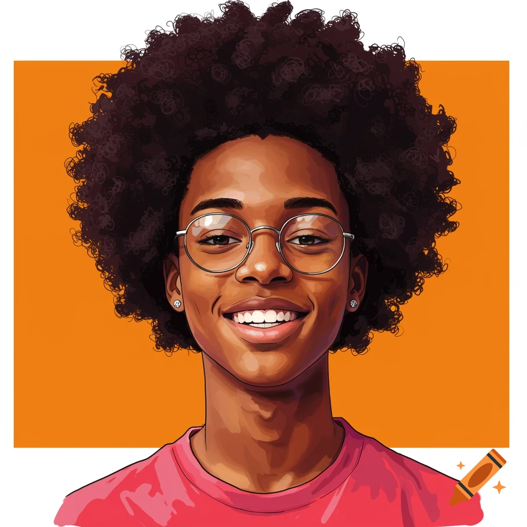 A pop art style image of a smiling Black teenager with an afro and glasses.