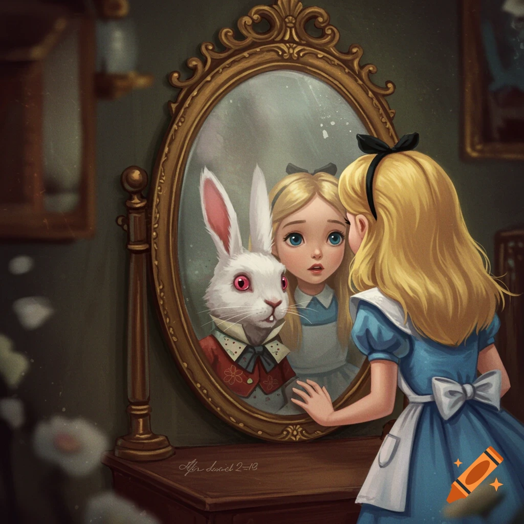 Alice looking into a mirror reflecting her and the White Rabbit.