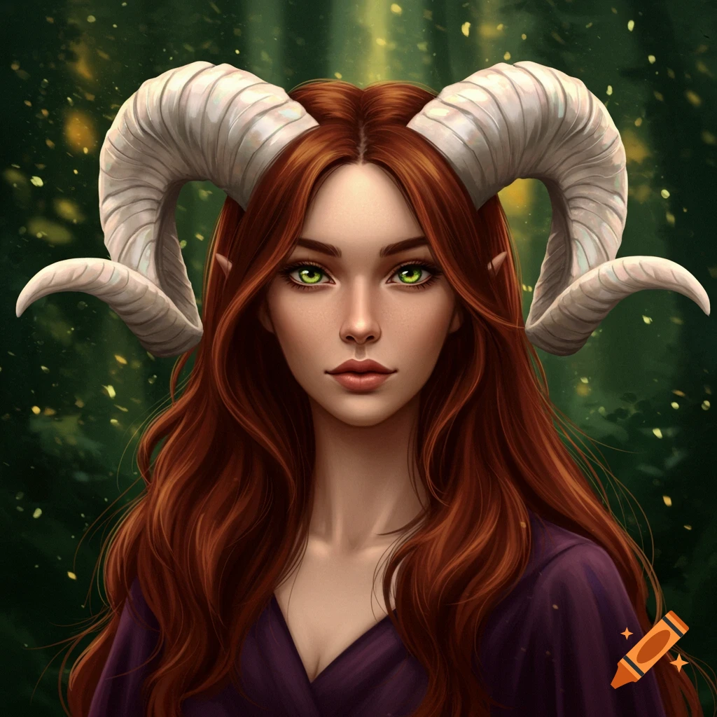 A woman with ram horns and green eyes stands in a forest.
