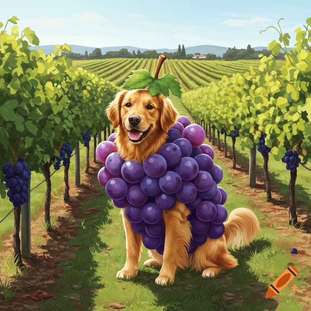 A golden retriever dog in a grape costume sitting in a vineyard.