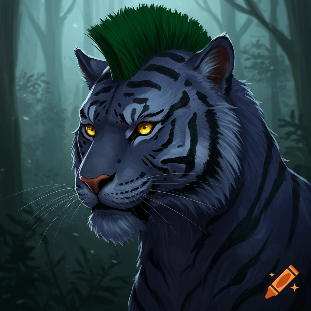 A stylized blue tiger with a green mohawk in a forest