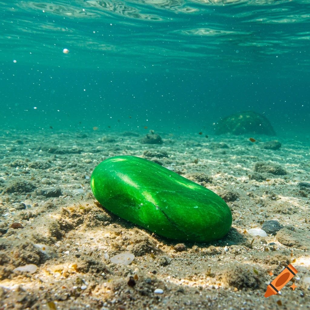 A smooth green stone rests on the sandy seabed underwater.