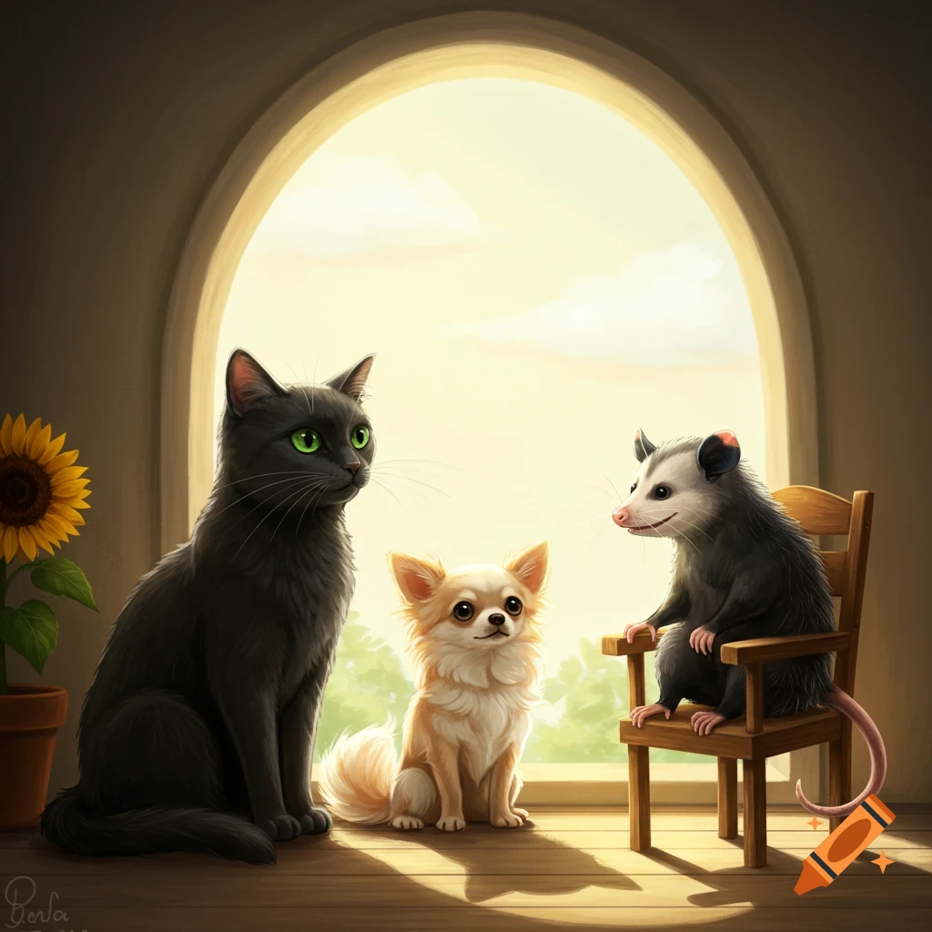 A black cat, chihuahua, and opossum are sitting together by a window.