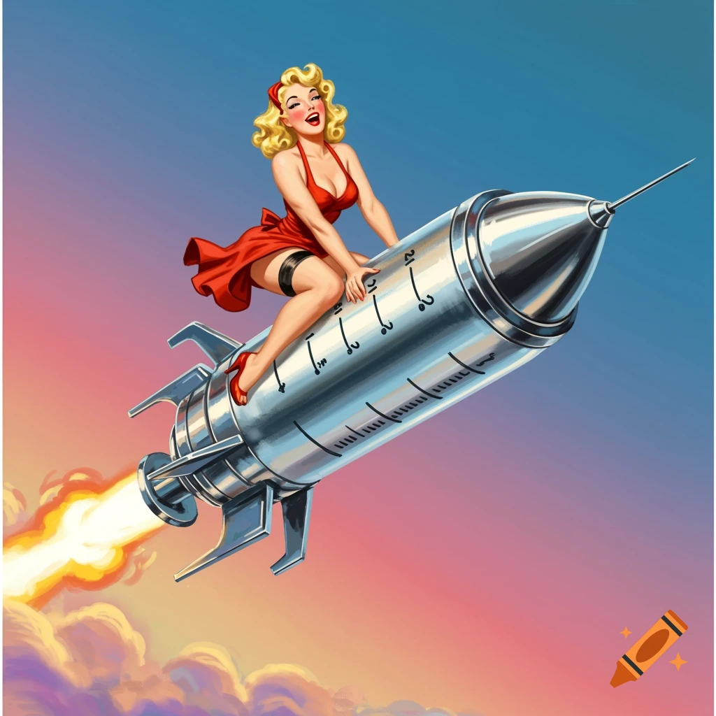 A blonde pin-up girl in a red dress rides a giant syringe-shaped rocket through a colorful sky in a retro art style.