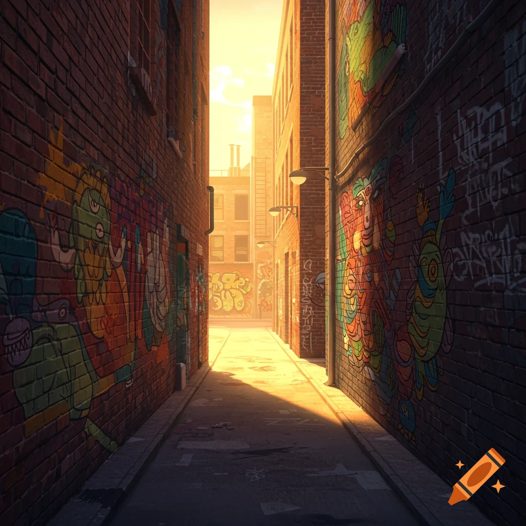 A sunlit urban alley with colorful graffiti on brick walls.