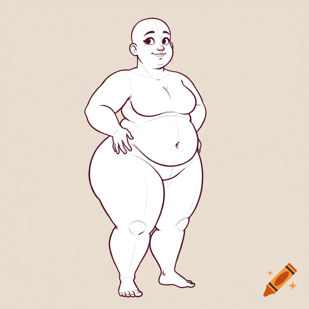 Line art drawing of a plump female character base standing with hands on hips.