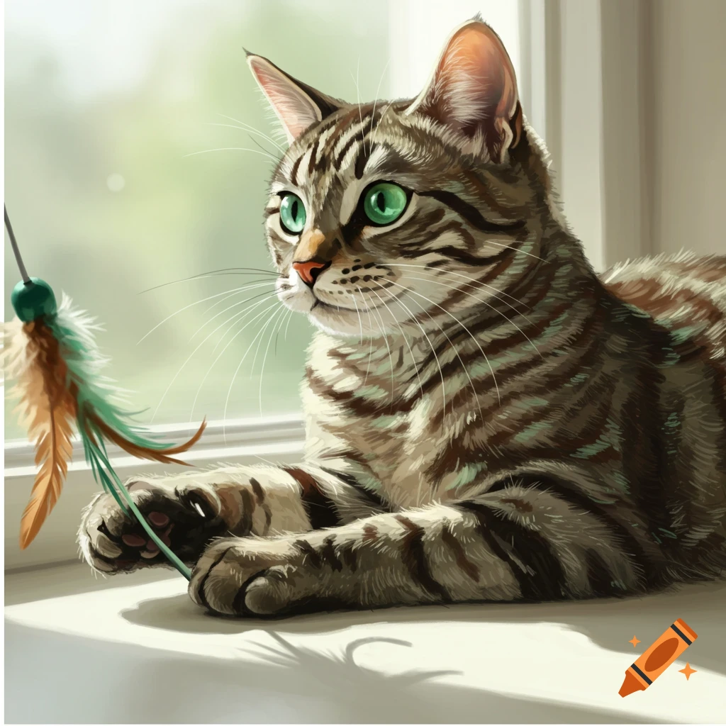 A tabby cat with green eyes is playing with a feather toy by a window.