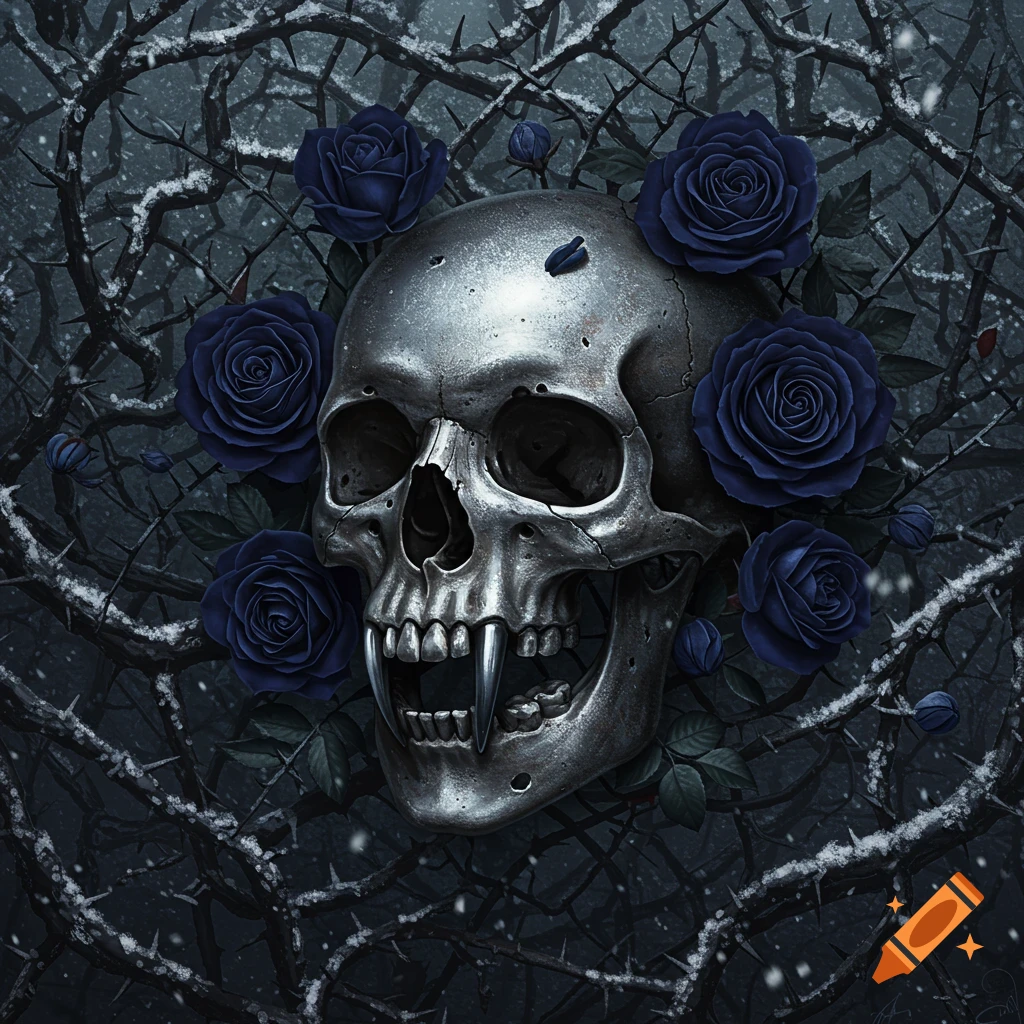 A metallic skull with fangs surrounded by blue roses and snowy thorns.