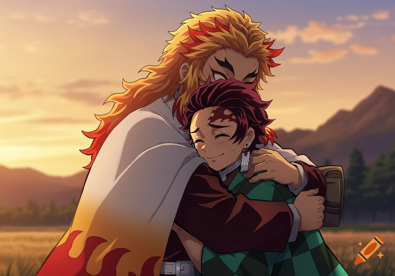 Anime illustration of Rengoku hugging Tanjiro at sunset.