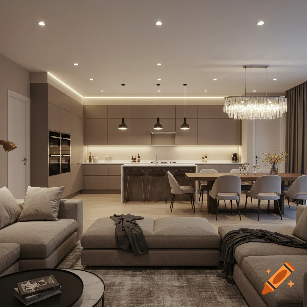 Modern open-plan living room, dining area, and kitchen with recessed lighting, pendants, and a chandelier.
