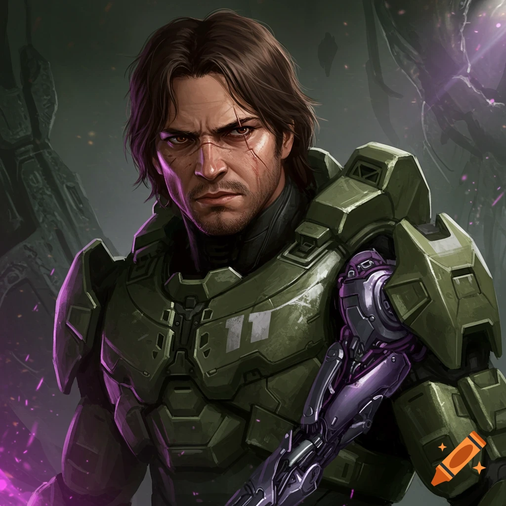 A male character in green armor with a mechanical arm and facial scars
