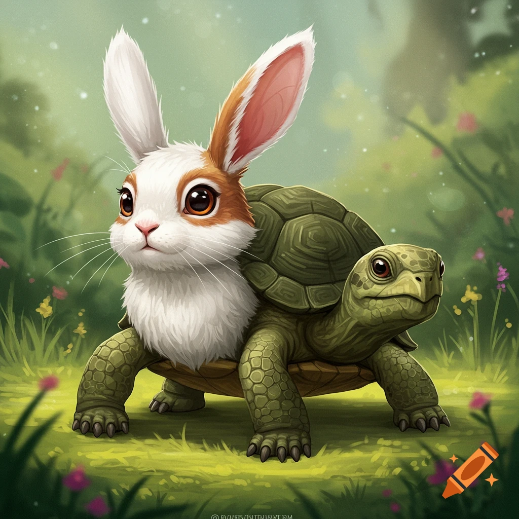 A rabbit's head is on a turtle's body in a grassy field.