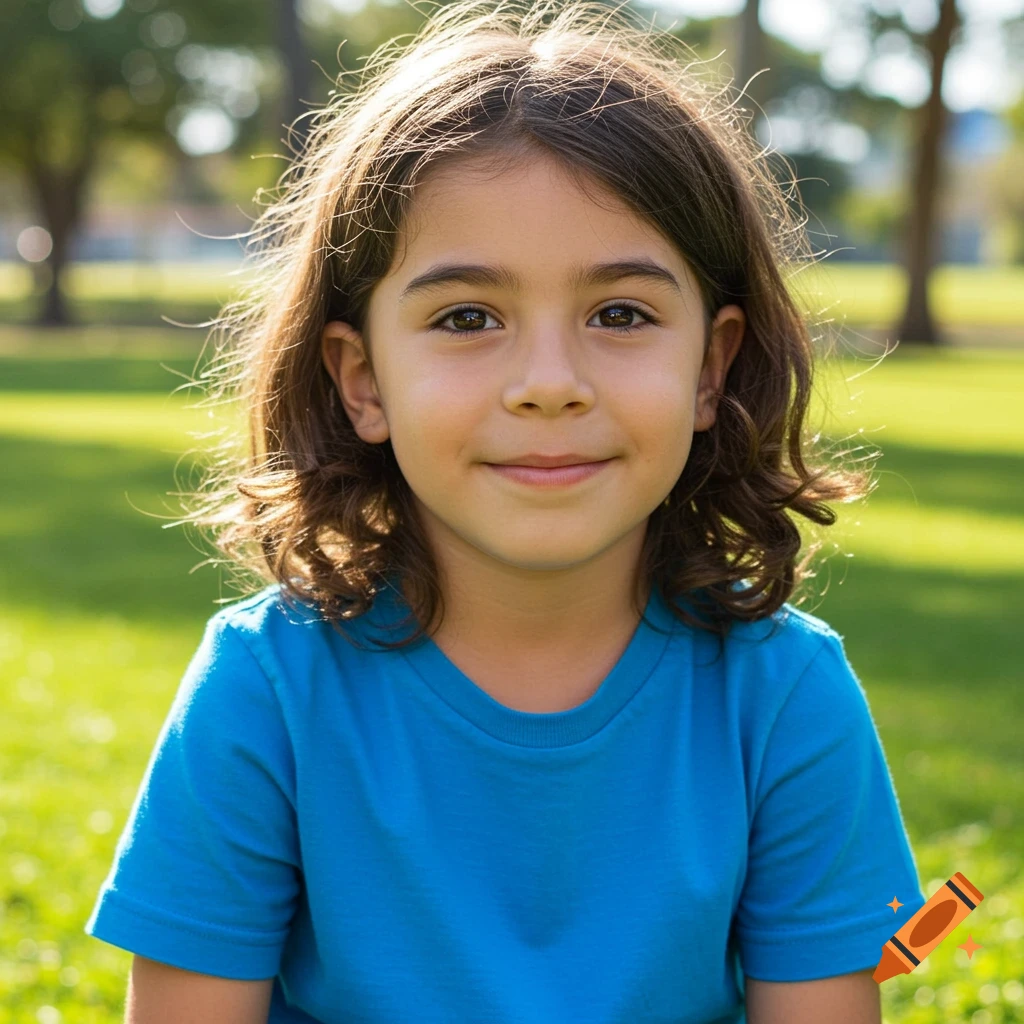 A young person with long brown hair and a blue t-shirt smiles in a sunny park.