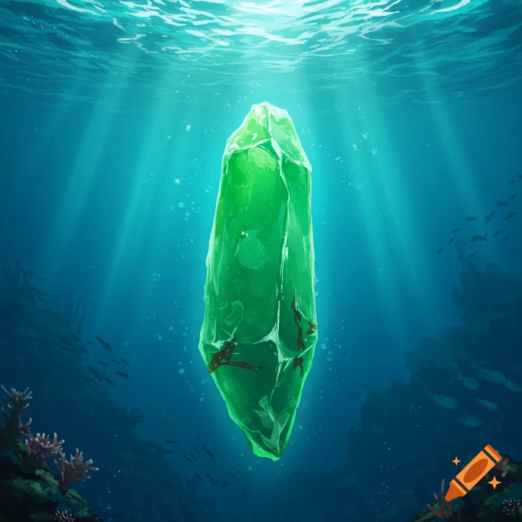 A large green crystal underwater, with sunlight rays shining through the surface, and fish swimming around.