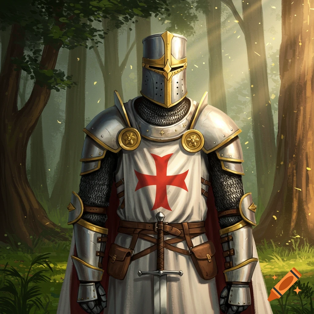 A lone Templar knight stands vigil in a serene forest.